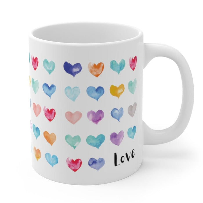 Hearts Galore Mug: white, pink hearts/love theme, cute watercolor graphic style