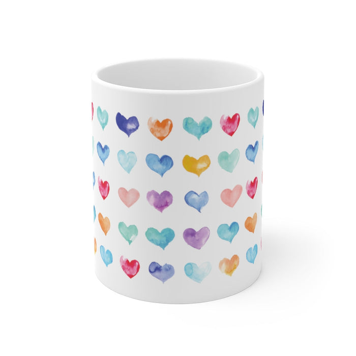 Hearts Galore Mug: white, pink hearts/love theme, cute watercolor graphic style