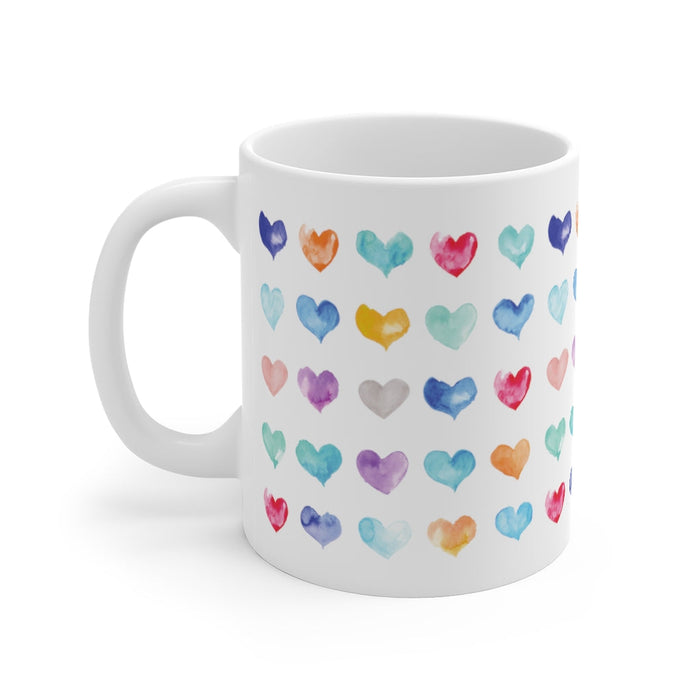 Hearts Galore Mug: white, pink hearts/love theme, cute watercolor graphic style