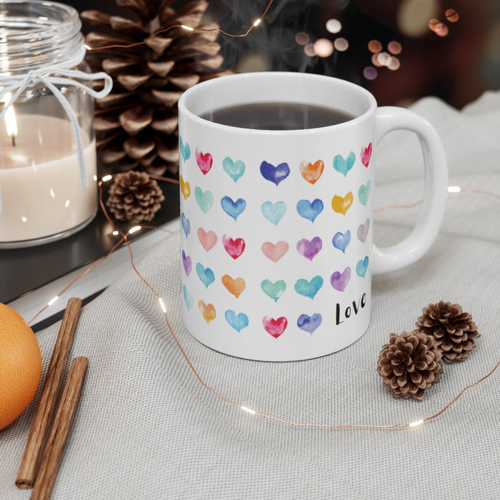 Hearts Galore Mug: white, pink hearts/love theme, cute watercolor graphic style