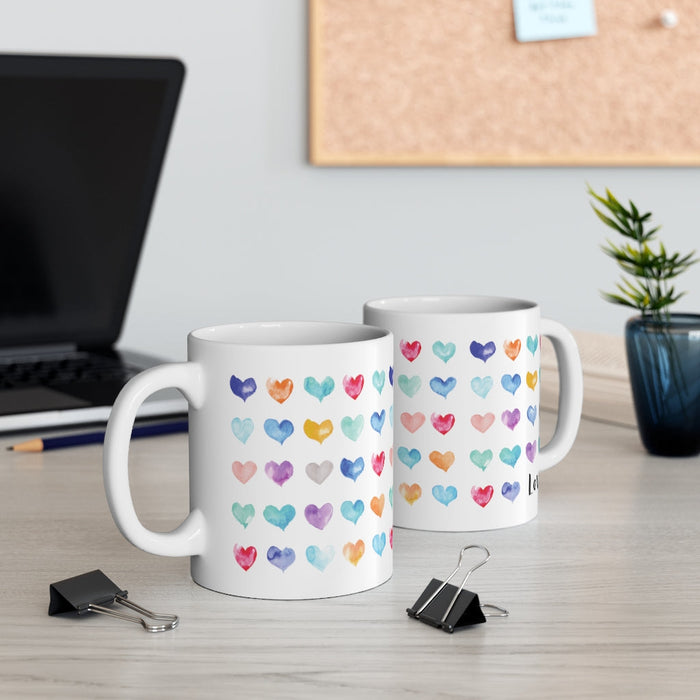 Hearts Galore Mug: white, pink hearts/love theme, cute watercolor graphic style