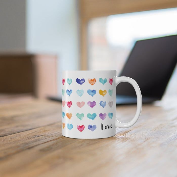 Hearts Galore Mug: white, pink hearts/love theme, cute watercolor graphic style