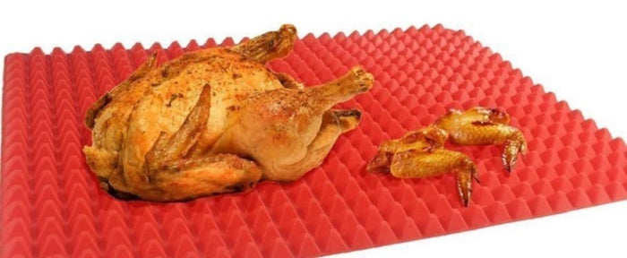 Heat Resistant Non-Stick Silicone Cooking Mat Set (2 Pieces): golden brown, dark brown roasted chicken, food product photo st