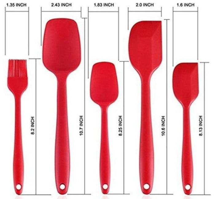 Heat Resistant Silicone Kitchen Cooking Utensils Set, 5 Piece Collection: red silicone spatula, minimal style