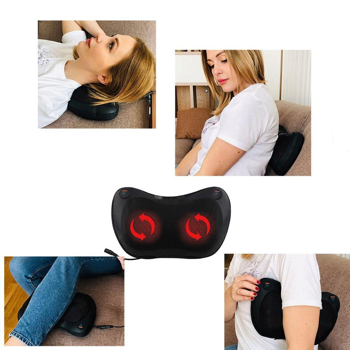 Heated Portable Neck and Shoulder Massager: black, red massage pillow/cushion, minimal functional style