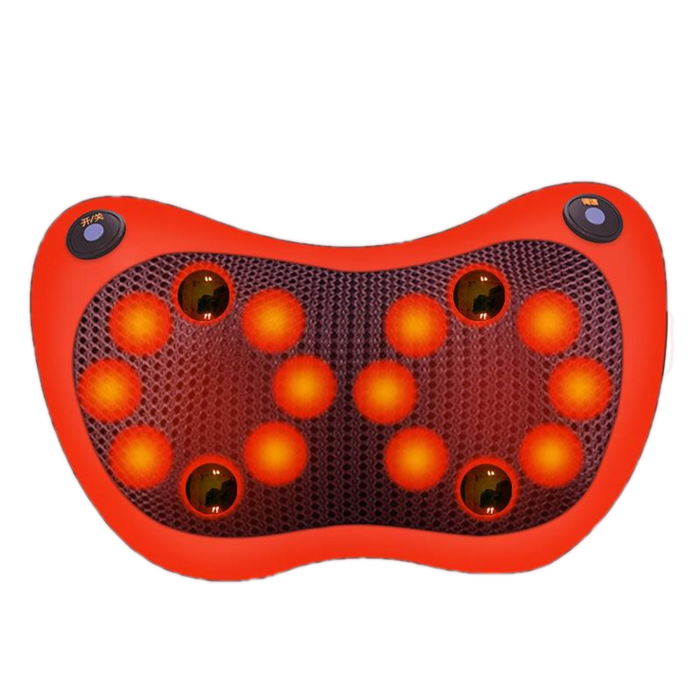 Heated Portable Neck and Shoulder Massager: black, red massage pillow/cushion, minimal functional style