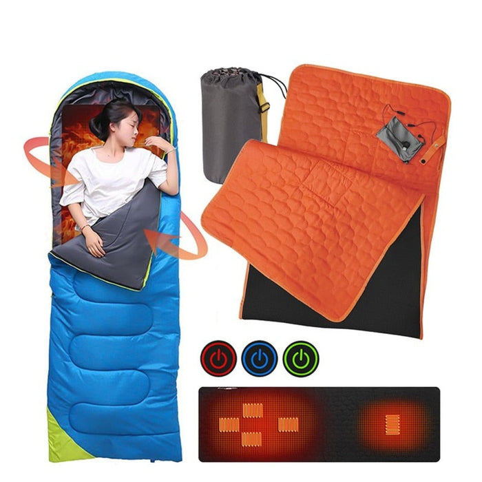 Heated USB Portable Camping Mat for Outdoor Sleeping: blue, orange heated sleeping bag with carrying sack, outdoor camping ge