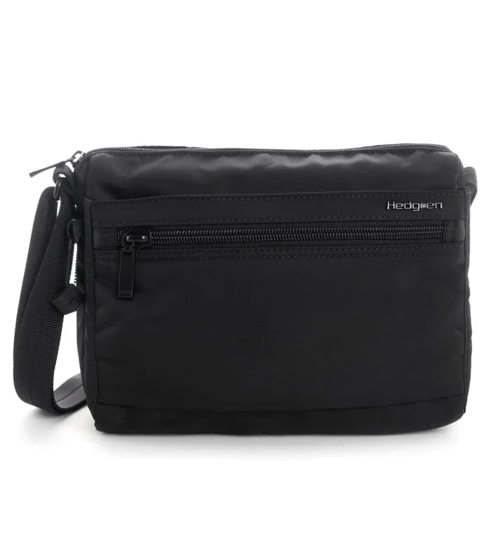 Black hedgren eye crossbody bag with sleek design, multiple zippered compartments, and adjustable shoulder strap