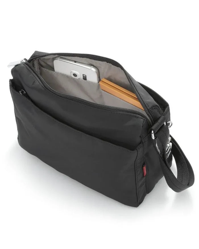 Black nylon hedgren eye crossbody bag with silver zipper and adjustable shoulder strap with rfid pocket