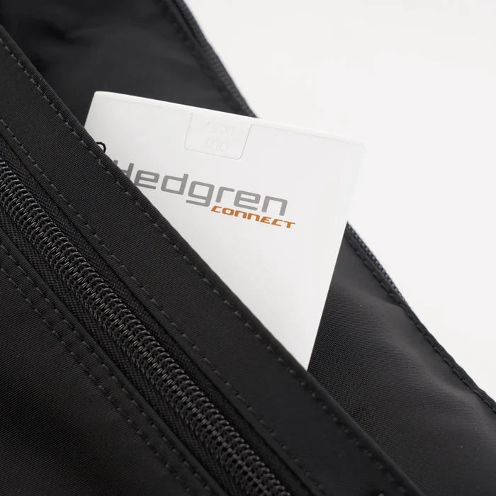 Black nylon hedgren eye crossbody bag with adjustable shoulder strap and zipper closure featuring branded tag