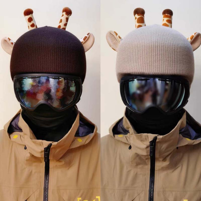 Helmet Rizz: Giraffe Ski Cover: dark brown, cream giraffe, cartoon style
