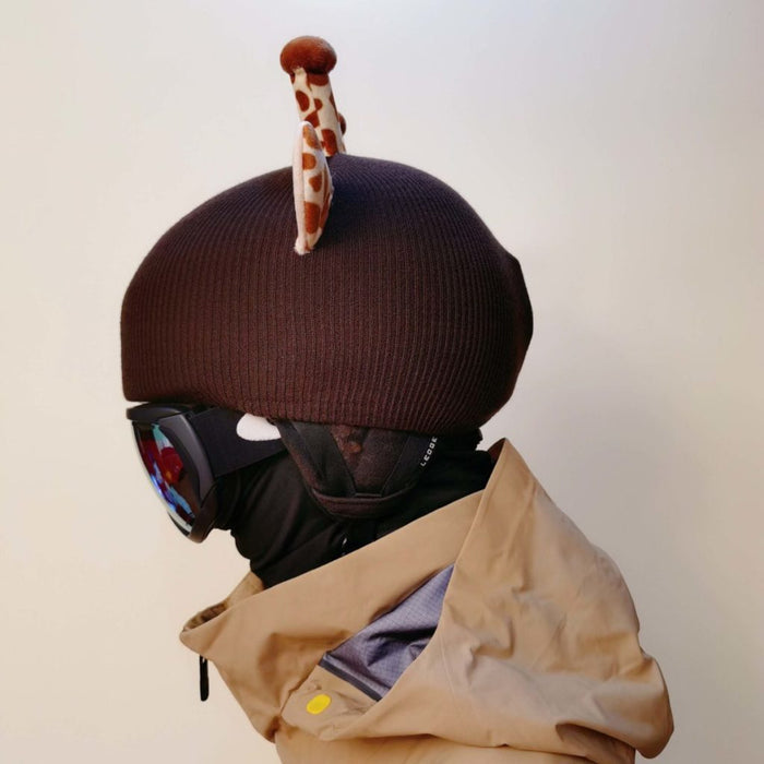Helmet Rizz: Giraffe Ski Cover: dark brown, cream giraffe, cartoon style
