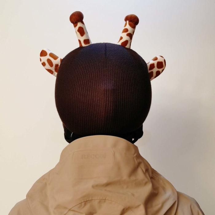 Helmet Rizz: Giraffe Ski Cover: dark brown, cream giraffe, cartoon style