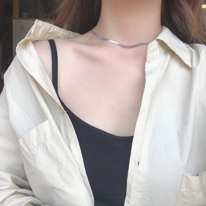 Herringbone Women's Necklace: black asymmetrical camisole top, minimal style