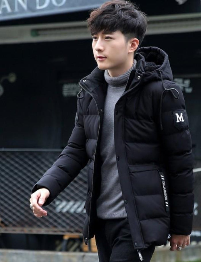 High Collar Men's Puffer Jacket with Detachable Hood: black puffer jacket, minimal casual style