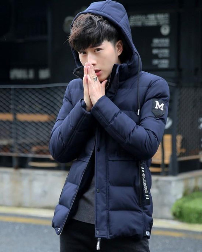 High Collar Men's Puffer Jacket with Detachable Hood: black puffer jacket, minimal casual style