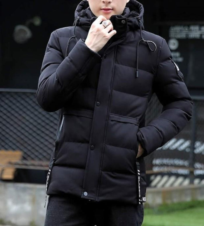 High Collar Men's Puffer Jacket with Detachable Hood: black puffer jacket, minimal casual style