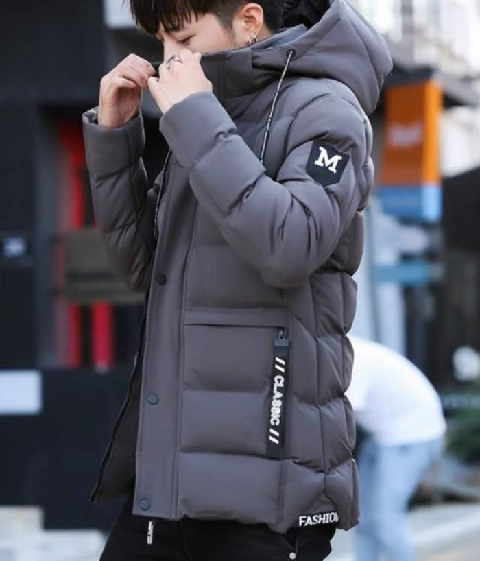 High Collar Men's Puffer Jacket with Detachable Hood: black puffer jacket, minimal casual style