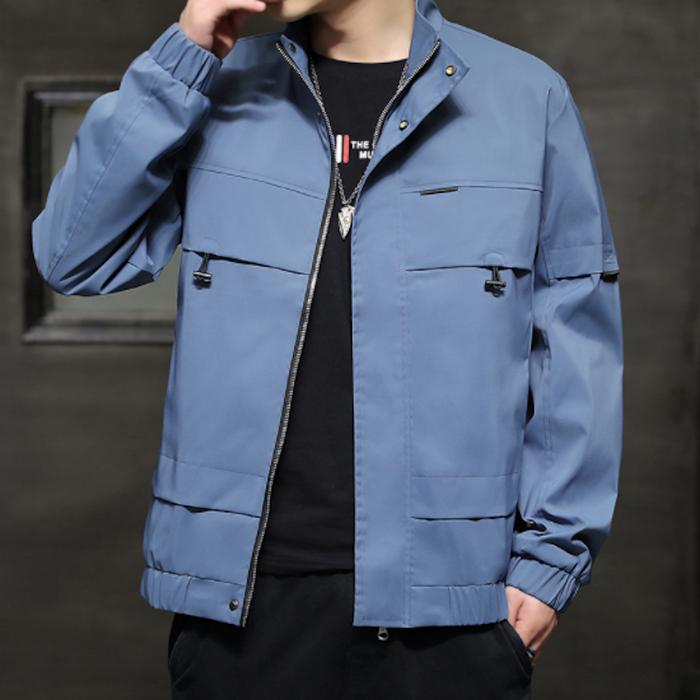 High Collar Windproof Jacket for Men: slate blue, black zip-front jacket, minimal utilitarian style