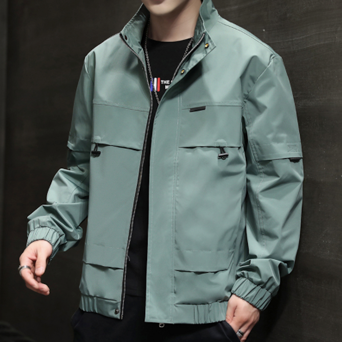 High Collar Windproof Jacket for Men: slate blue, black zip-front jacket, minimal utilitarian style
