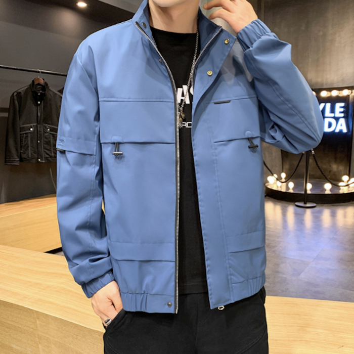 High Collar Windproof Jacket for Men: slate blue, black zip-front jacket, minimal utilitarian style