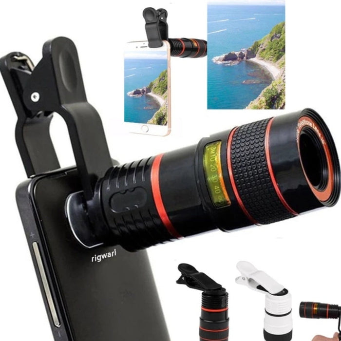 High-Definition Smartphone Lens with 8X Optical Zoom and Universal Clip: black, red clip-on smartphone camera lens accessory