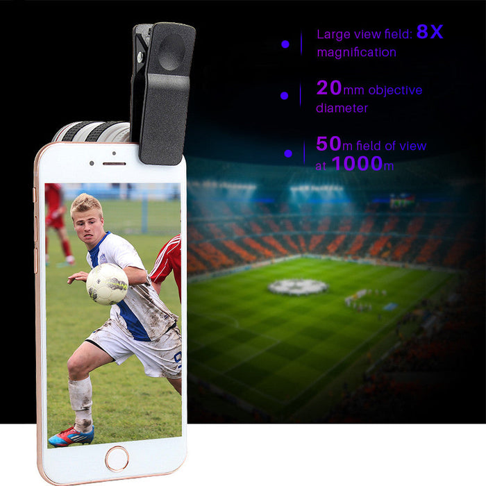 High-Definition Smartphone Lens with 8X Optical Zoom and Universal Clip: black, red clip-on smartphone camera lens accessory