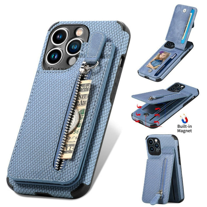 High-End Plant-Based Leather Wallet Case for iPhone: blue-gray, black smartphone case, textured functional wallet case style
