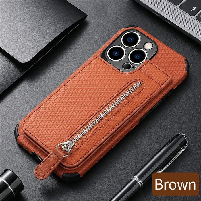 High-End Plant-Based Leather Wallet Case for iPhone: blue-gray, black smartphone case, textured functional wallet case style