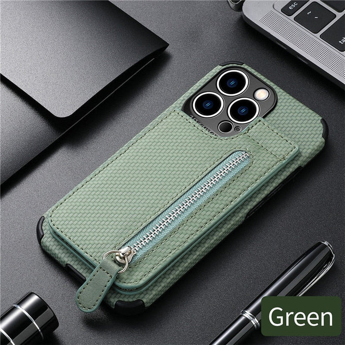 High-End Plant-Based Leather Wallet Case for iPhone: blue-gray, black smartphone case, textured functional wallet case style