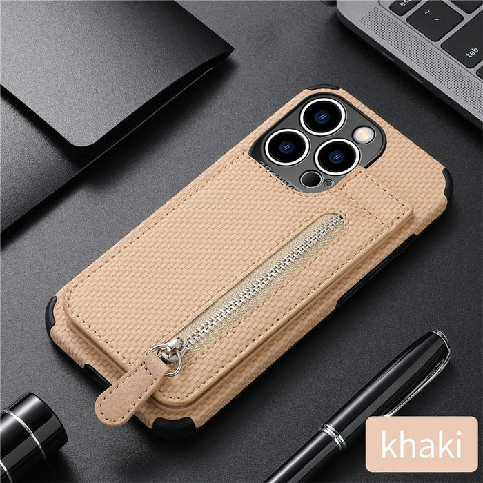 High-End Plant-Based Leather Wallet Case for iPhone: blue-gray, black smartphone case, textured functional wallet case style