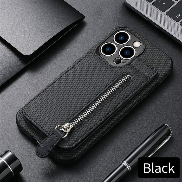 High-End Plant-Based Leather Wallet Case for iPhone: blue-gray, black smartphone case, textured functional wallet case style