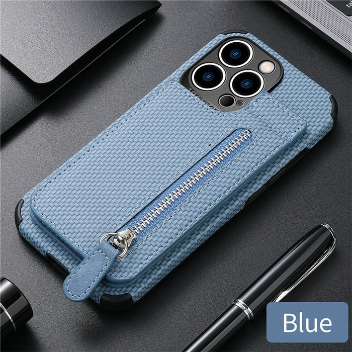 High-End Plant-Based Leather Wallet Case for iPhone: blue-gray, black smartphone case, textured functional wallet case style