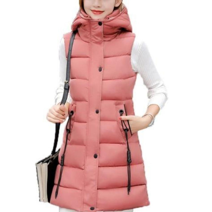 High Neck Hooded Winter Puffer Vest for Women: dusty pink, black hooded puffer vest, casual style