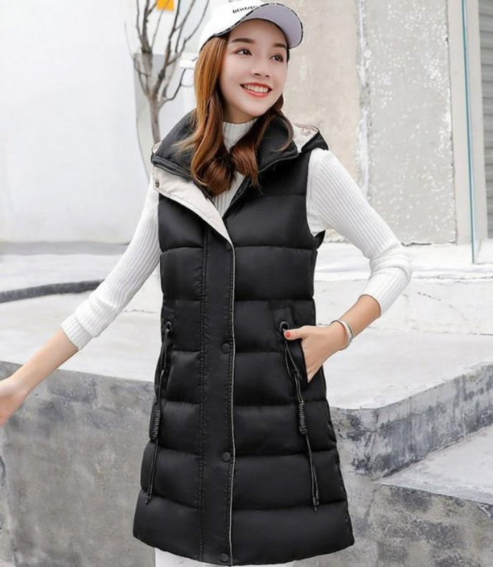 High Neck Hooded Winter Puffer Vest for Women: dusty pink, black hooded puffer vest, casual style