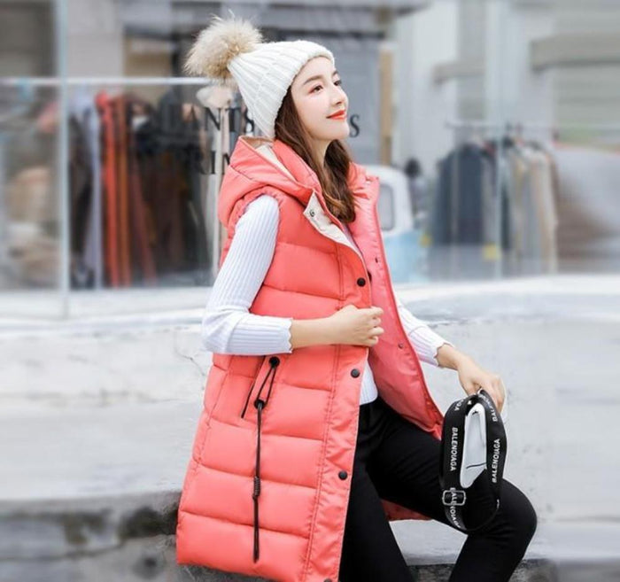 High Neck Hooded Winter Puffer Vest for Women: dusty pink, black hooded puffer vest, casual style