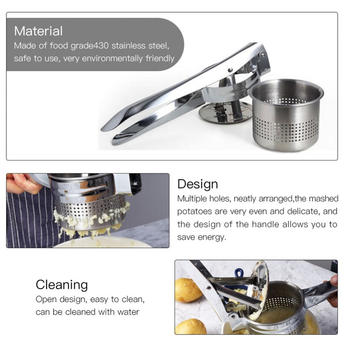 High-Quality Stainless Steel Fruit and Vegetable Squeezer: silver, black potato ricer/masher, functional kitchen utensil styl
