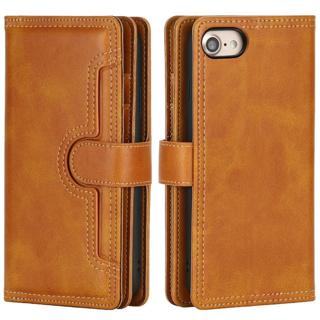 High-Quality Vegan Leather Case for iPhone: brown, black flip stand card slot phone case wallet, minimal functional style