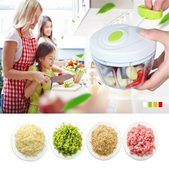 High Velocity Multi-Purpose Food Processor: white, lime green manual pull-cord food chopper, minimal functional kitchen tool