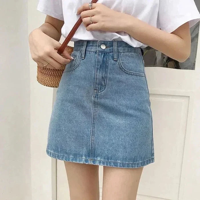 High-Waisted Denim Skirt for Women: Retaining the Essence while Creating Distinction: light blue denim skirt, minimal casual