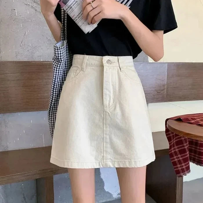 High-Waisted Denim Skirt for Women: Retaining the Essence while Creating Distinction: light blue denim skirt, minimal casual