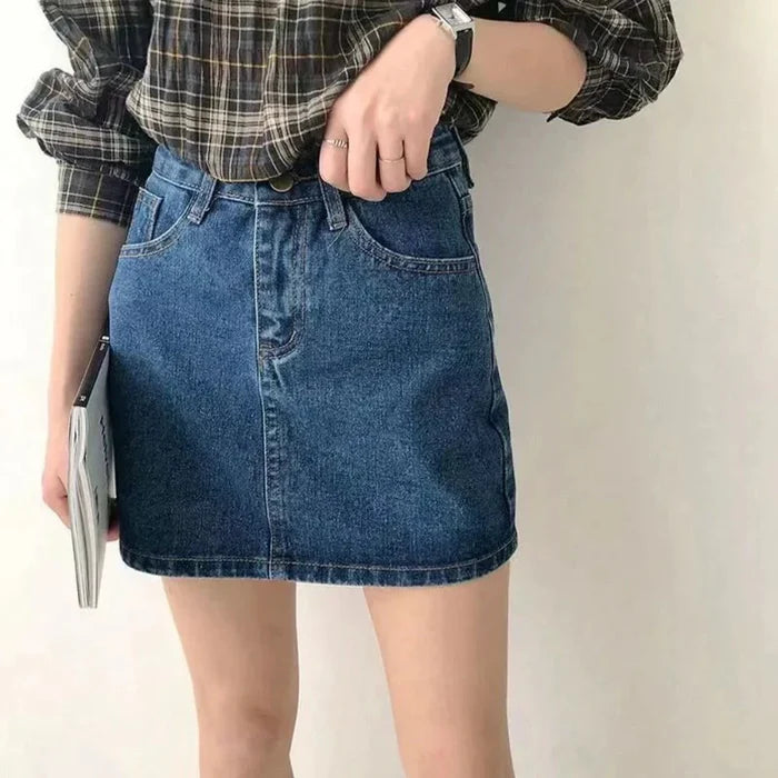 High-Waisted Denim Skirt for Women: Retaining the Essence while Creating Distinction: light blue denim skirt, minimal casual