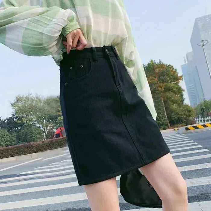 High-Waisted Denim Skirt for Women: Retaining the Essence while Creating Distinction: light blue denim skirt, minimal casual
