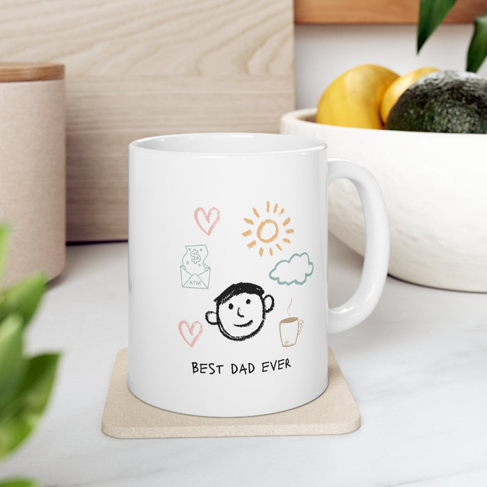 Hilarious Superb Father Forever Coffee Tea Mug: white, black father/dad theme, minimal hand-drawn cartoon style