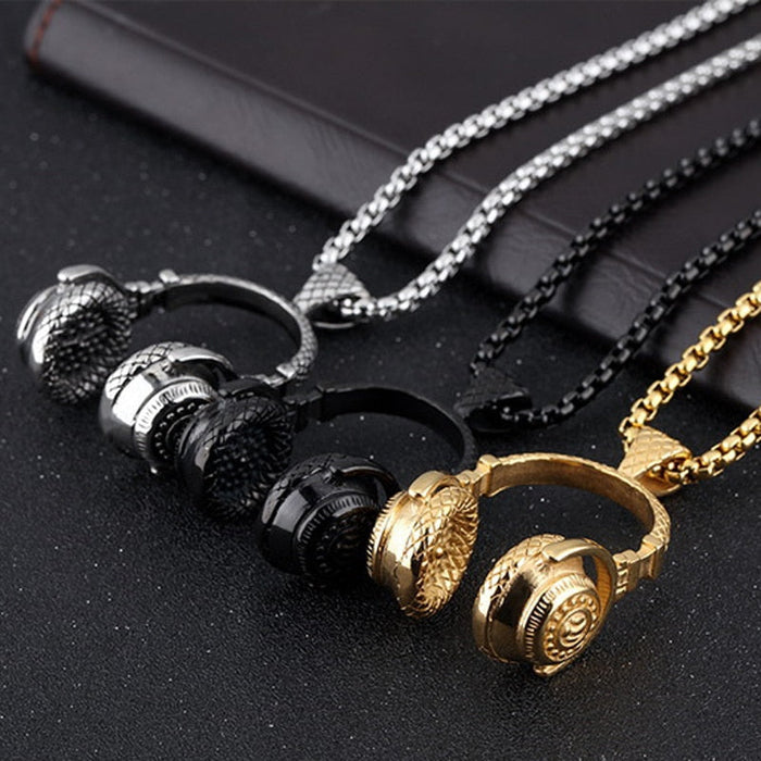 Hip Hop Necklace: A Stylish Headphone Pendant: silver, black headphones, detailed miniature accessory style