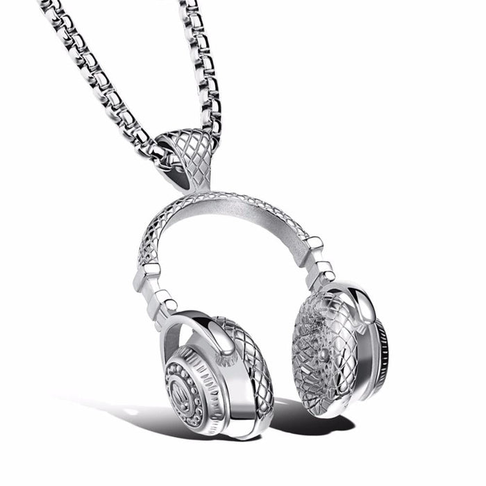 Hip Hop Necklace: A Stylish Headphone Pendant: silver, black headphones, detailed miniature accessory style