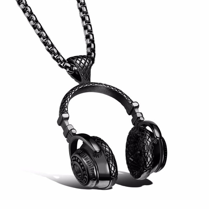 Hip Hop Necklace: A Stylish Headphone Pendant: silver, black headphones, detailed miniature accessory style