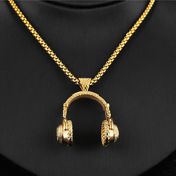 Hip Hop Necklace: A Stylish Headphone Pendant: silver, black headphones, detailed miniature accessory style