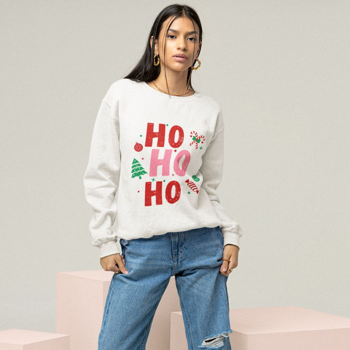 Holiday Sweatshirt for Women: green, red Christmas holiday theme, festive graphic style