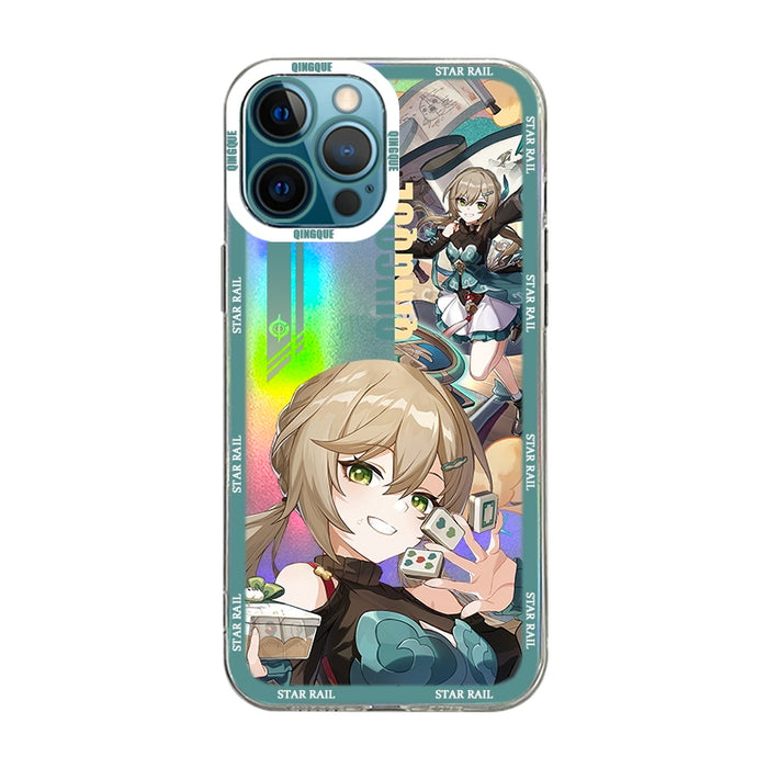Holographic Honkai Star Rail iPhone Cases: pink, purple anime-style female character, anime, colorful, glossy style